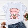Cute Harajuku Y2K Tops Clothing Pig Boba Tea Print Women Casual Tshirts Kawaii Pink Pig Tshirts Fashion Trend Tee Tops