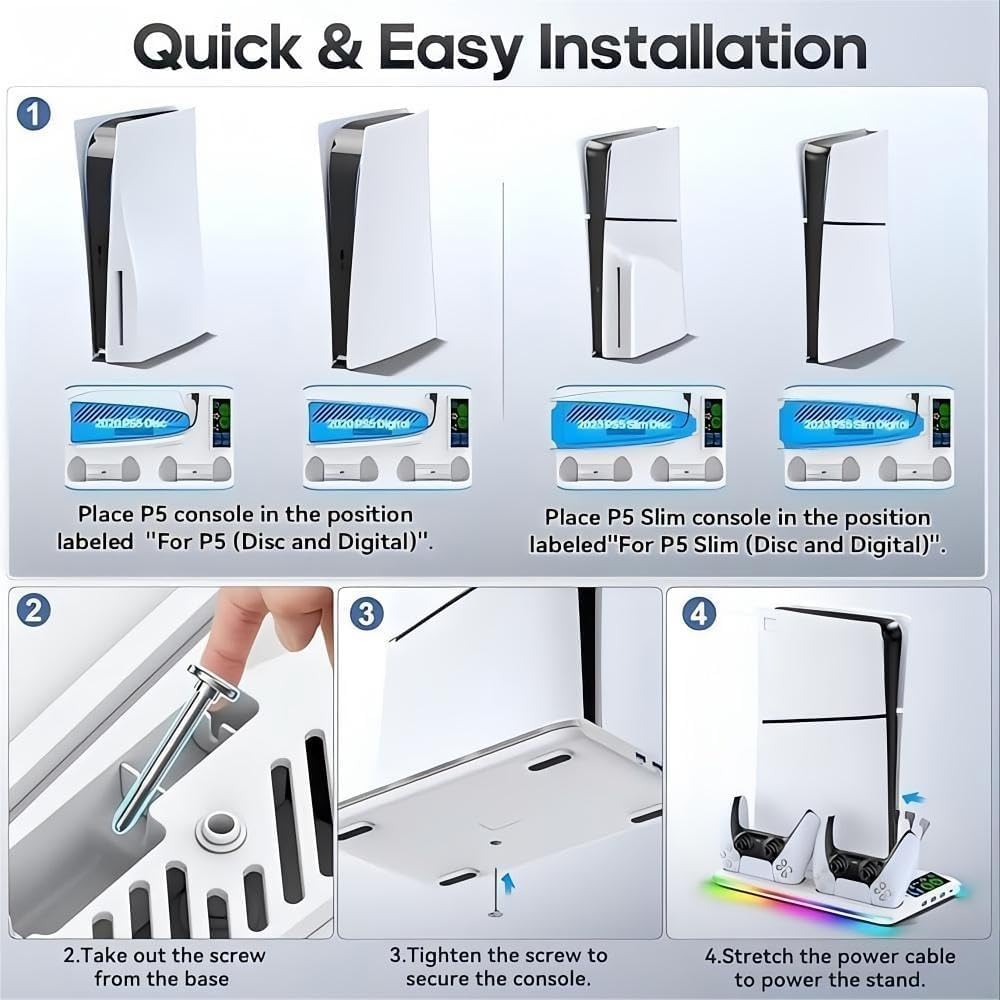 with PS5 3 USB 1 Charging Stand with Vertical Cooling Dual Controller Charging Station with LED Console Support [Compatible PS5/Slim/Pro] + Type-C