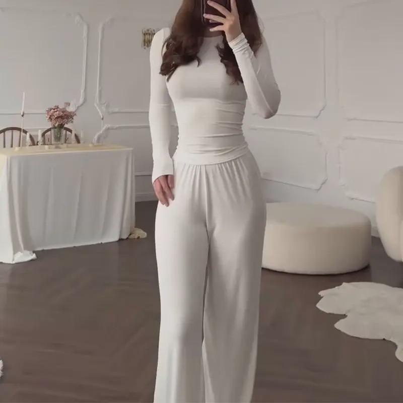 Women's Fashionable round Neck Long Sleeve Elastic Waist Pants Set Casual Style Two-Piece Suit Autumn Collection Trendy Outfit