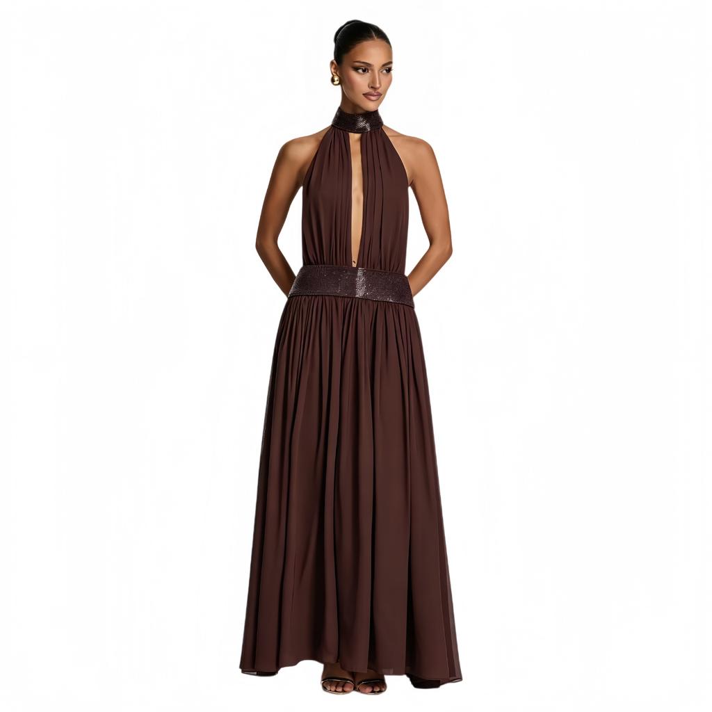Women's New French Sequined Hollow Neck Dress Waist Sexy Backless European and American Style Chiffon Dress