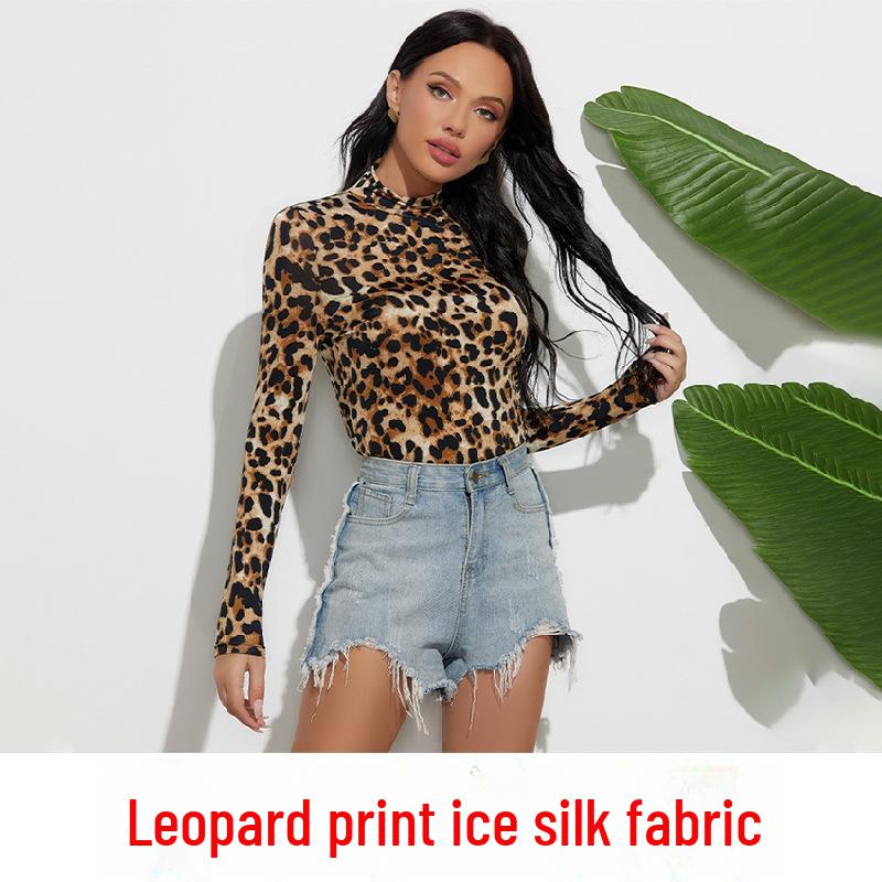 

Женская облегающая футболка с леопардовым принтом, высоким воротником и длинными рукавами - осенний модный стиль XL цветной печати леопарда