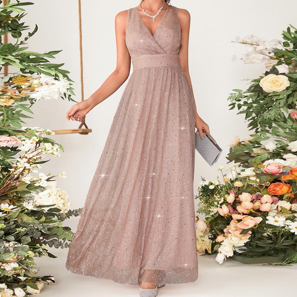 Sequin Spaghetti Strap Mesh Christmas Evening Dress