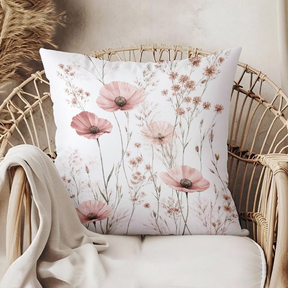 Floral Pillow Cover White Pink Poppy And Wildflower Print For Living Room Bedroom Decor