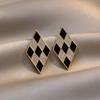 New Black & White Chessboard Earrings: Simple Fashion, Korean Design, Diamond-Studded, French S925 Silver Needle Trend for Women.