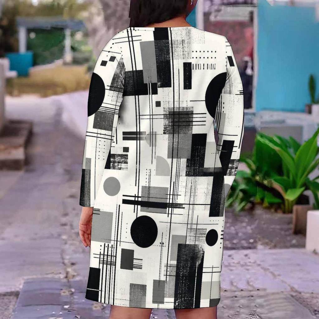 Women Plus Size V Neck Long Sleeve Radial Printed Black Orange Beige Straight Hem Dress