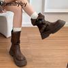 Autumn Winter Belt Buckle Women Knight Boots Fashion Slip On Shoes Vintage Platform Square Heels Ladies Mid Calf Booties