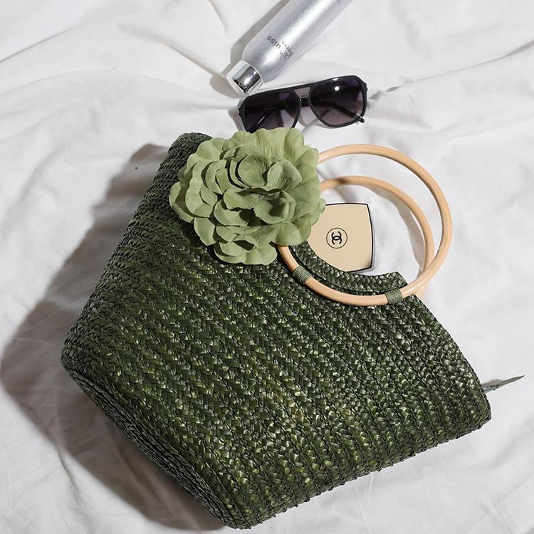 2025 Wheat Straw Braided Handbag with Wooden Handle - Women's Pastoral Ins Mori Girl Style