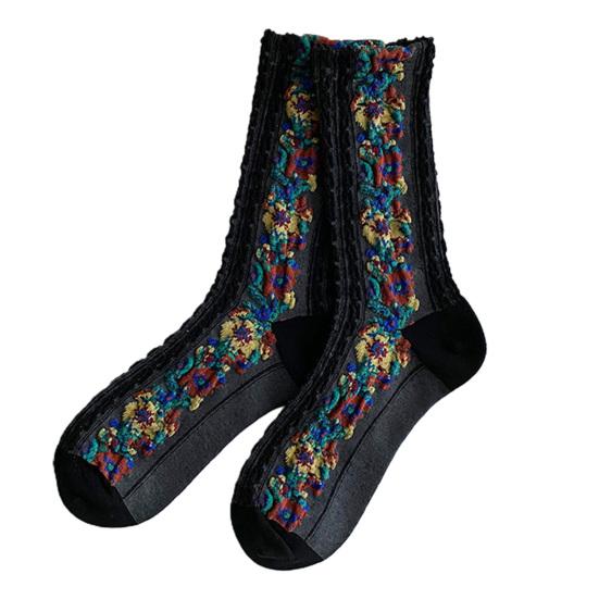 1 par middels lange, varme sokker til kvinner, med blomstermønster og etnisk trykk, crew socks for høst og vinter