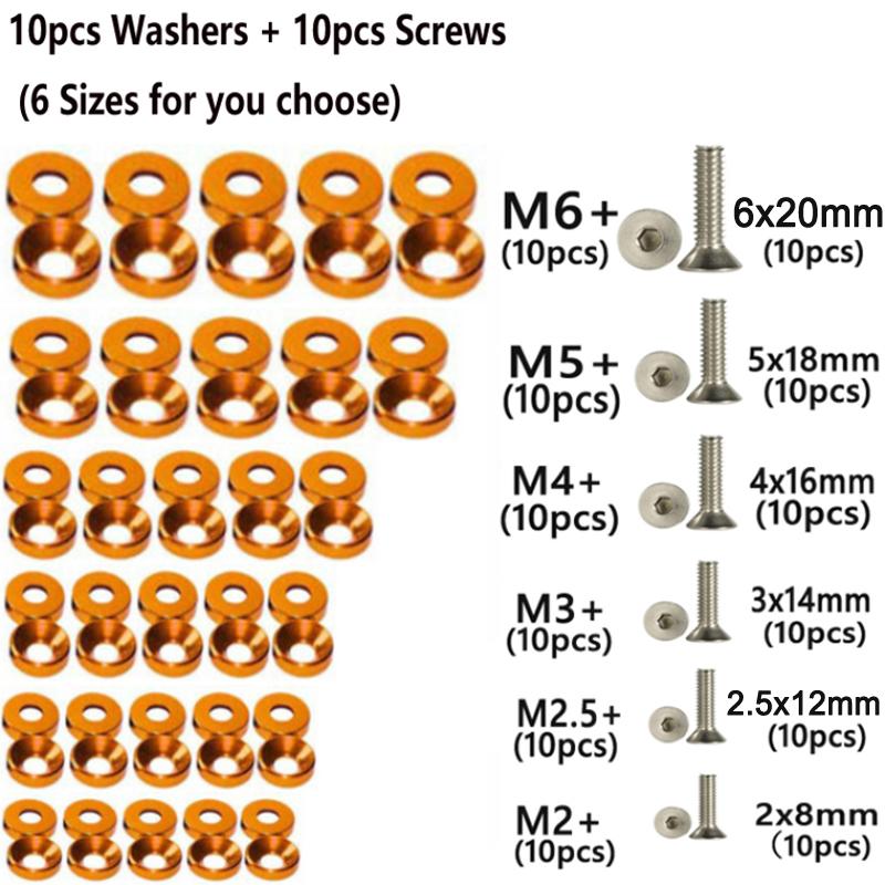 10pcs Car Modified Hex Fasteners Fender Washer Bumper Engine Concave Screws Aluminum Fender Washers and M2-M6 Bolt for Honda
