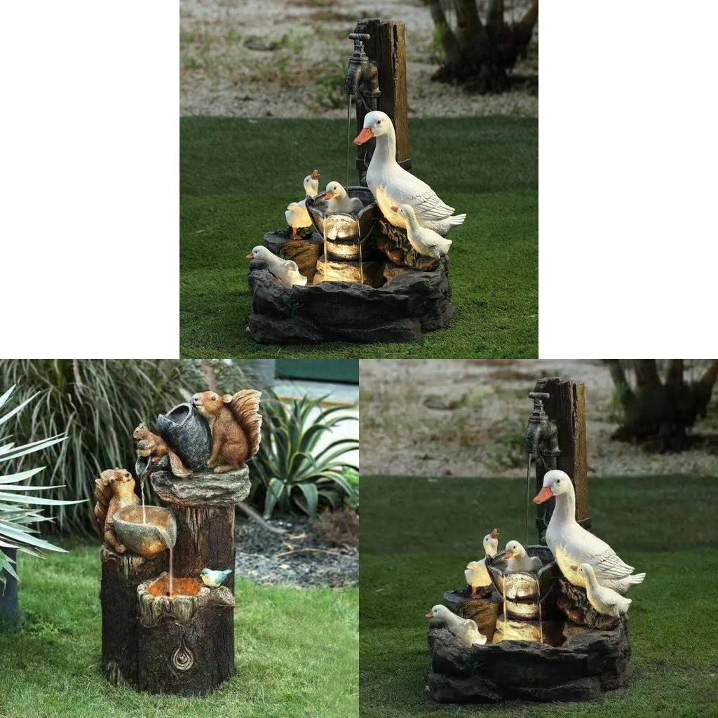 Squirrel And Duck Solar Water Fountain Resin Garden Decor For Patio And Lawn