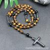 Collier pendentif croix en pierre naturelle, Croix en pierre d'œil de tigre et fer à bille chapelet collier pour homme
