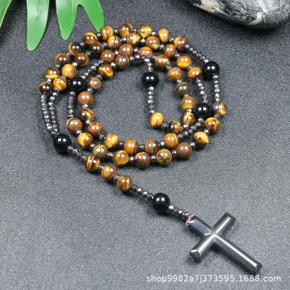 Natural Stone Cross Pendant Necklace, Tiger s Eye Stone Iron Gall Cross Rosary Bead Men s Necklace