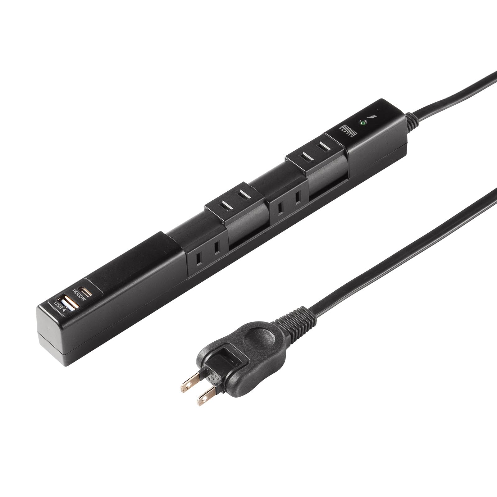 

Sanwa Supply Обертовий розгалужувач на 4 розетки (AC + Type-C + USB-A, PD20W, Чорний) TAP-B113UC-2BK чорний