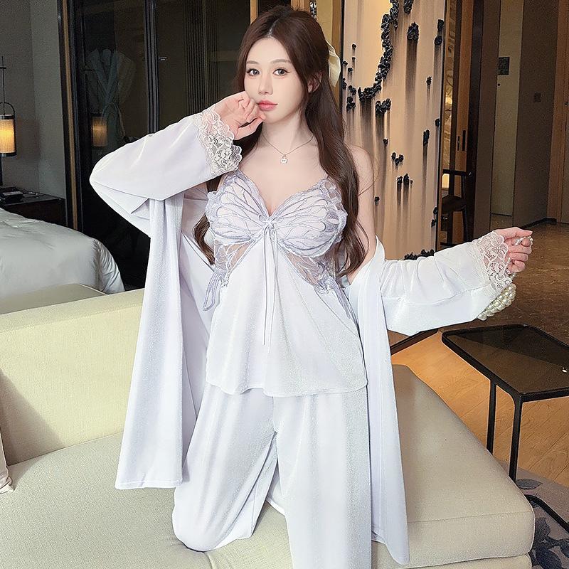 All seasons can wear sexy lace thickened women's homewear three-piece butterfly sling design slightly transparent, sexy and sultry