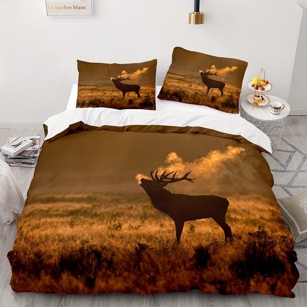 2/3Pcs Deer Pattern Print Bedding Set - Vibrant Sunset Meadow Design For Boys' & Girls' Bedroom Decor, All-Season Use