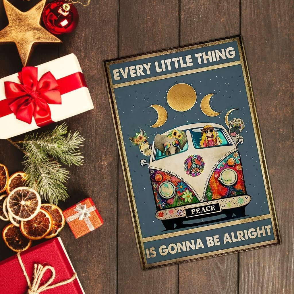 Retro Hippie Decor Wall Art Poster - "Every Little Thing is Gonna Be Alright" Vintage Metal Sign, Perfect for 70s Themed Rooms and Cool Poster