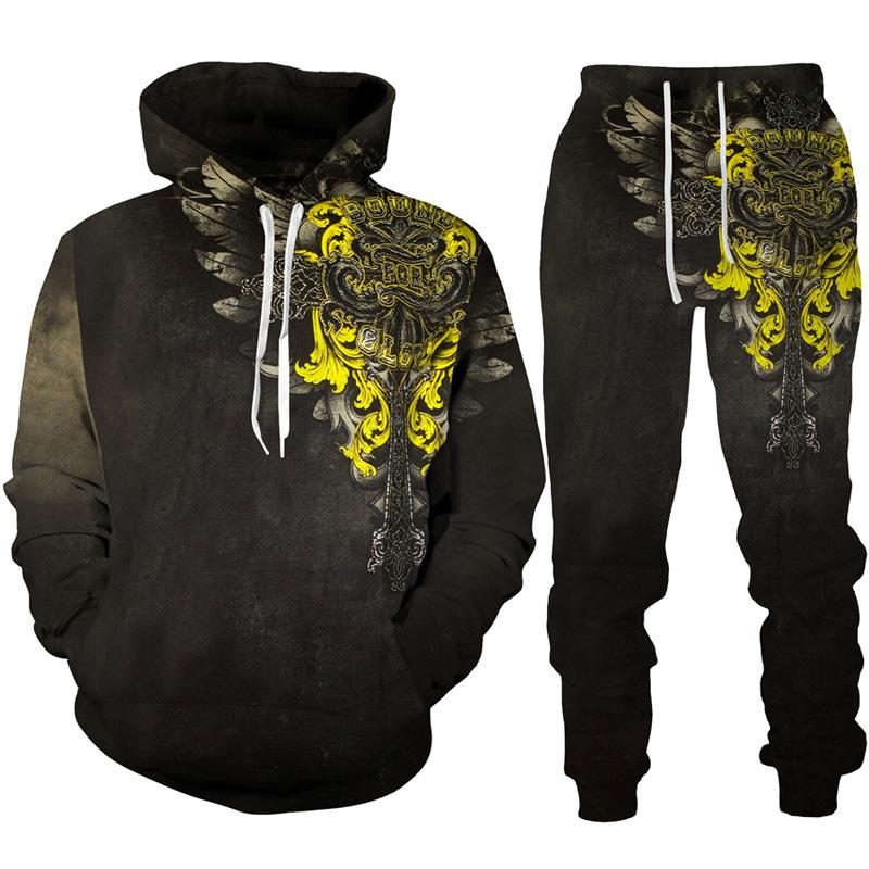 Felpa con cappuccio/tuta con stampa 3D con tatuaggio teschio gotico, moda uomo, motociclista, abbigliamento sportivo, felpa con grafica accattivante + pantaloni