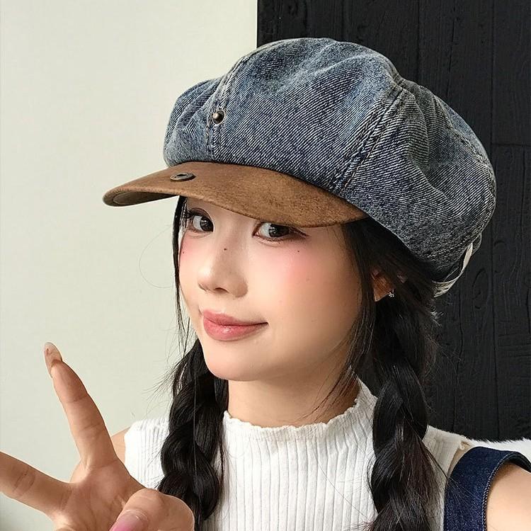 Japanese Suede Splicing Denim Newsboy Hat Women Wash Old Beret Retro Literary And Casual Painter Hat