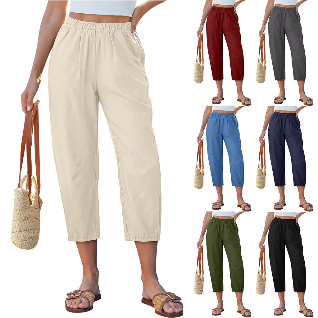 Women’s Elastic Waist Cropped Pants Casual Loose Fit Lightweight Trousers with Pockets for Daily Wear Travel Office