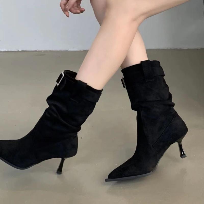 Fashion 2024 Women's New Ankle Snow Boots Pointed Toe Women's New Brand Winter Design High Heel Sleeve Buckle Women's Boots