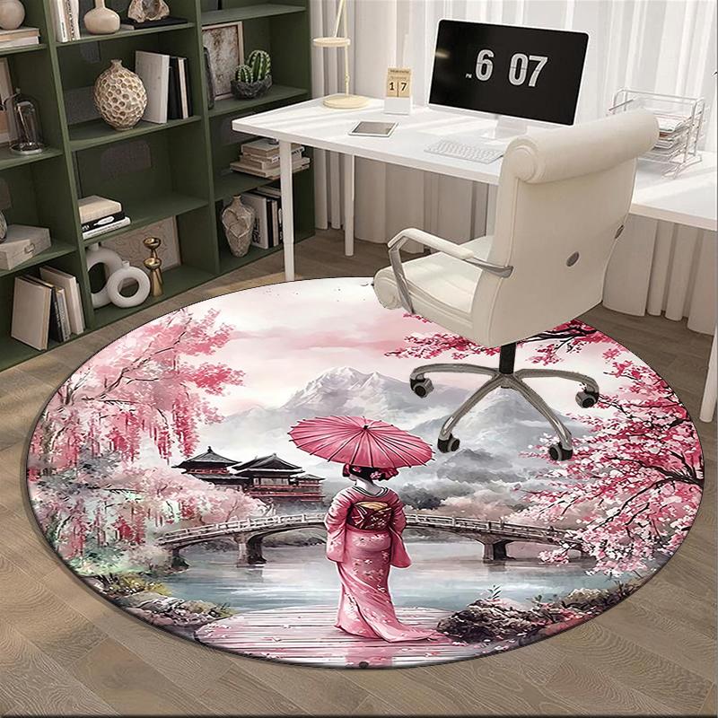Cherry Blossom Geisha Beauty round carpet Chair cushion Round Entryway Rug, Soft Round Rugs for Living Room, Bedroom, Circle Carpet decor gifts