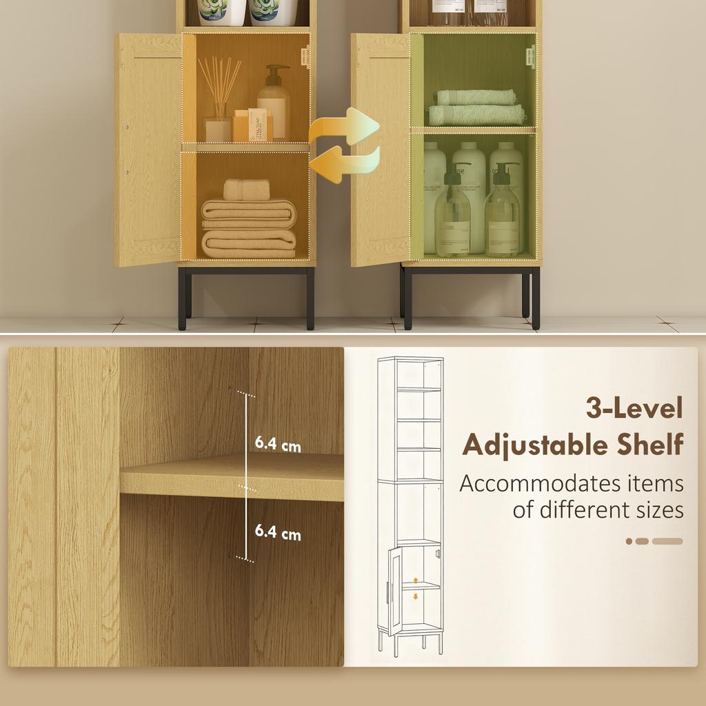 Tall Bathroom Cabinet, Narrow Bathroom Cabinet with Open Shelves and Adjustable Shelf, Natural Wood Look