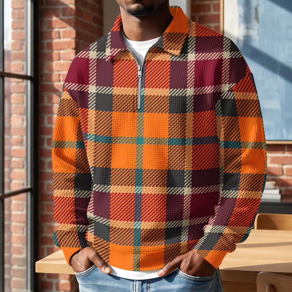 Men's Retro Half-Zip Collared Long Sleeve Plaid Print Casual Top for Everyday Wear