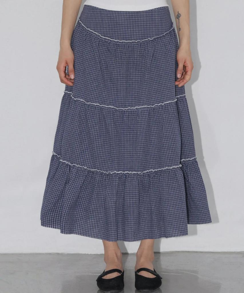 Chix Check Tiered Long Skirt Navy