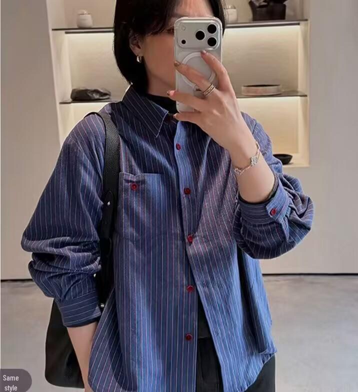Women's 2026 Spring Slimming Korean Striped Polo Collar Long Sleeve Shirt
