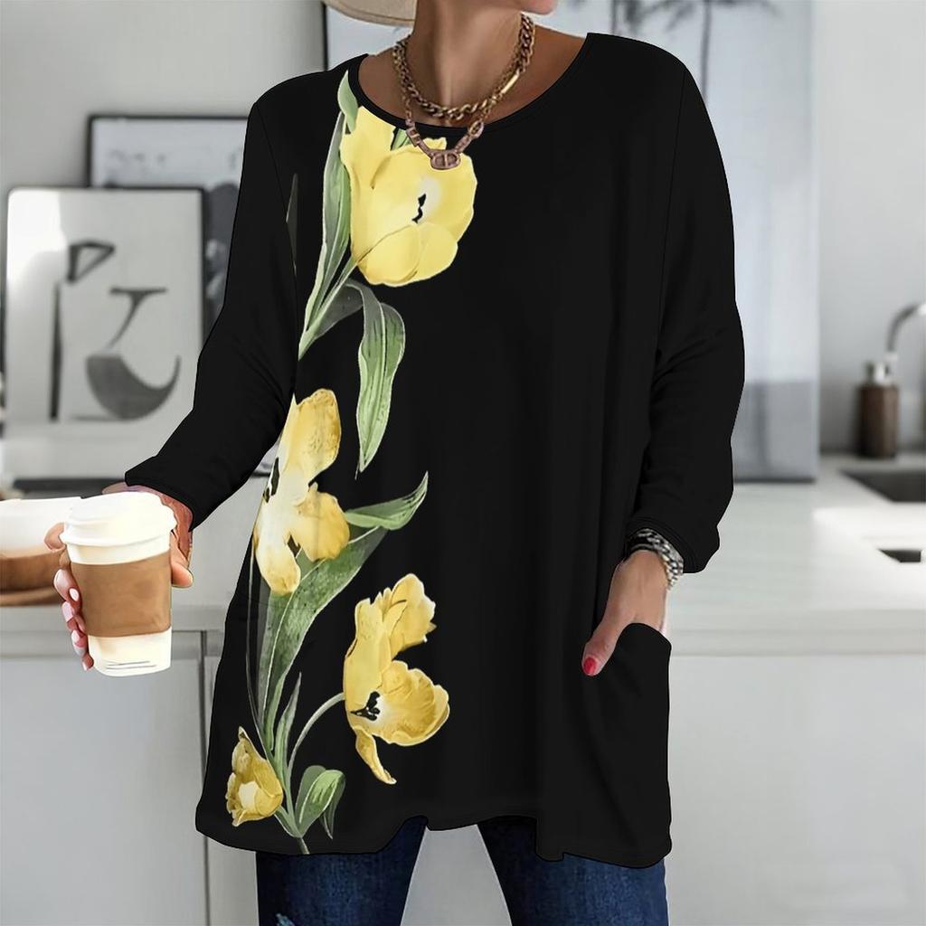 Plus Size Women Round Neck Long Sleeve Tee Soft Loose Tops For Daily Stroll And Indoor Rest