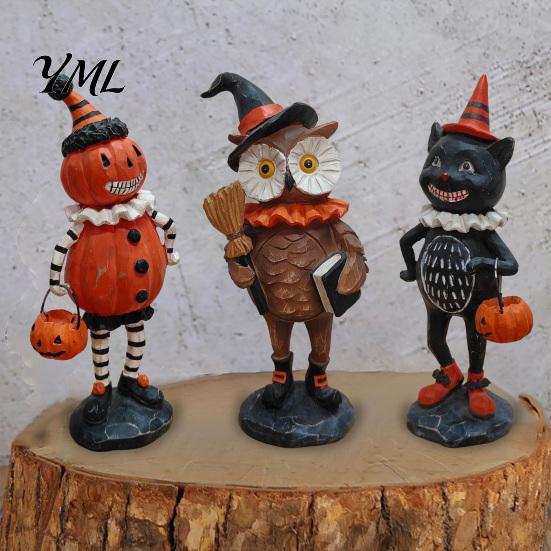 Cute Spooky Shelf Sitters Wooden Halloween Resin Figurines, Pumpkin Scarecrow Wizard Owl Black Cat Holiday Fireplace Mantel Decor Statue, Rustic