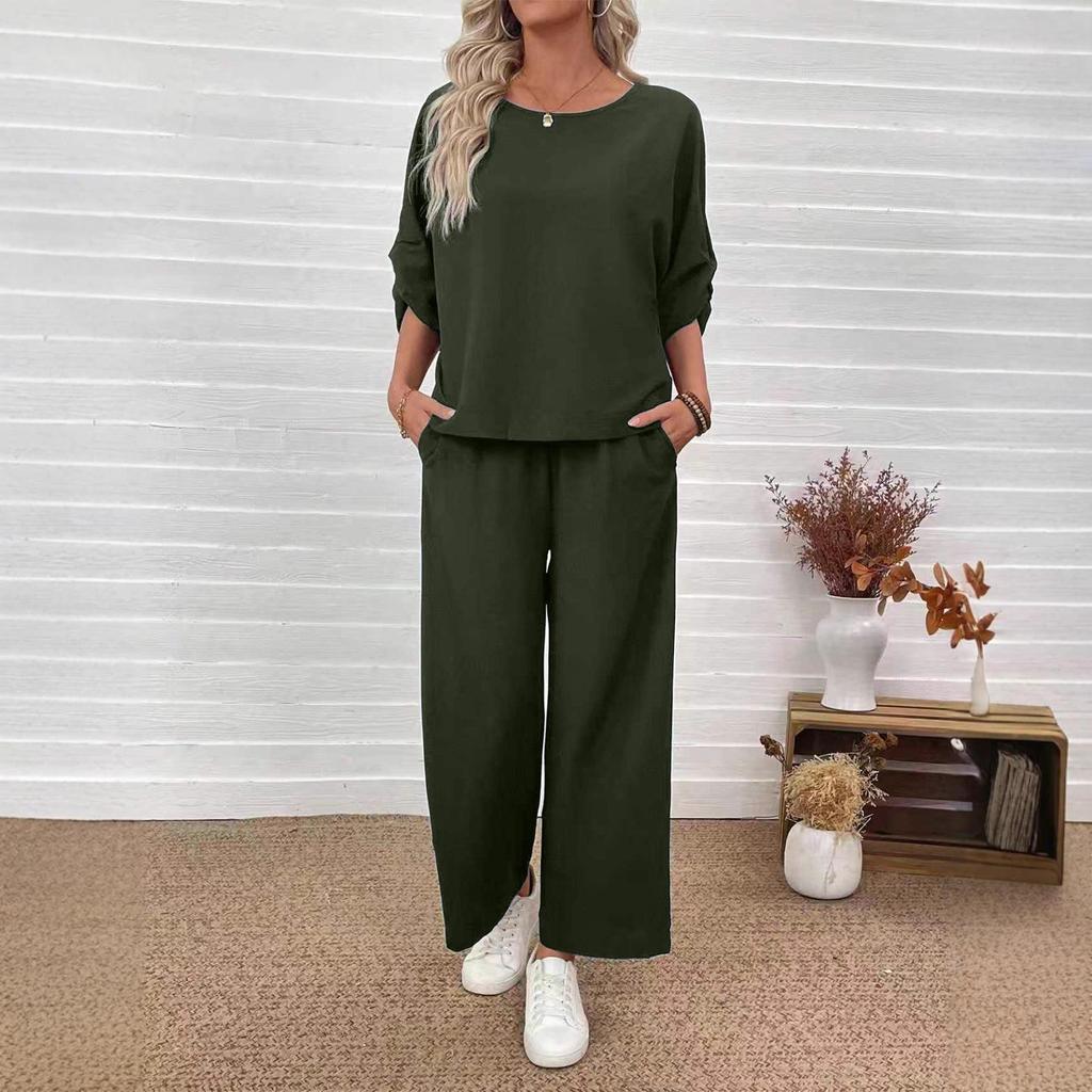 European & American Fashion 2025 Casual Set: Crew Neck Top + Vertical Wide-Leg Pants