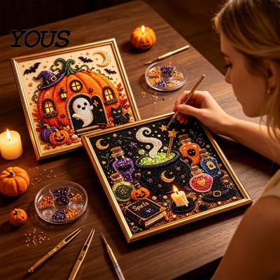 Shiny Faux Pearl Bead Art Halloween Painting Kit, DIY Witchcraft 3D Relaxing Stress Relief Crafts Wall Craft Kit for Adults Beginners, Handmade