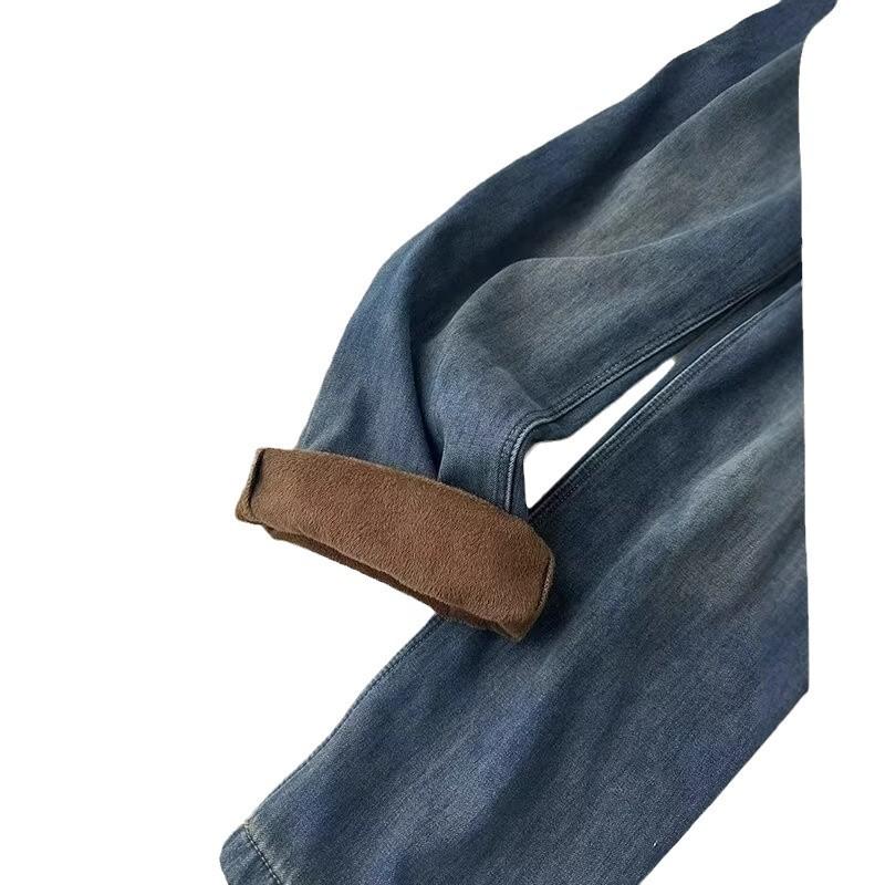Blue Fleece-Lined High-Waisted Wide-Leg Jeans with Retro Washed Distressed Design.