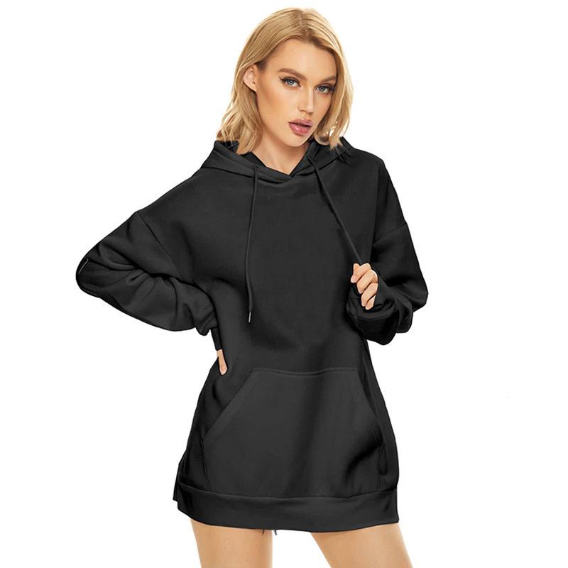 European and American Women's Loose Plus Size Fleece-Lined Hooded Sweatshirt, Solid Color, Long Sleeve, New Autumn/Winter Style.
