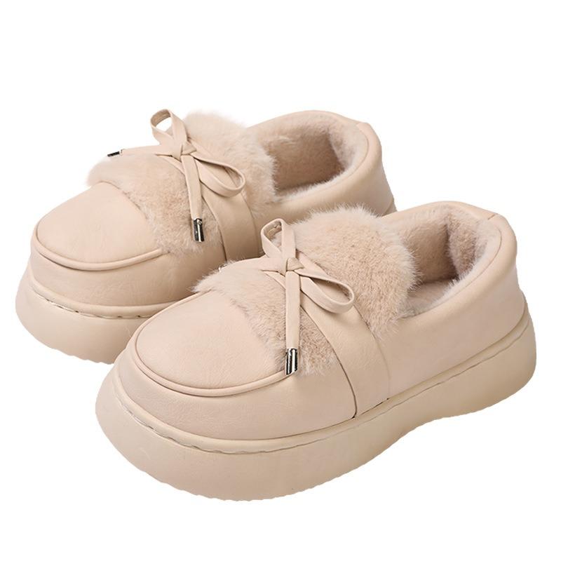 Women's fashion versatile bow with cotton shoes outside, retro plush winter warm and lightweight bag and slippers