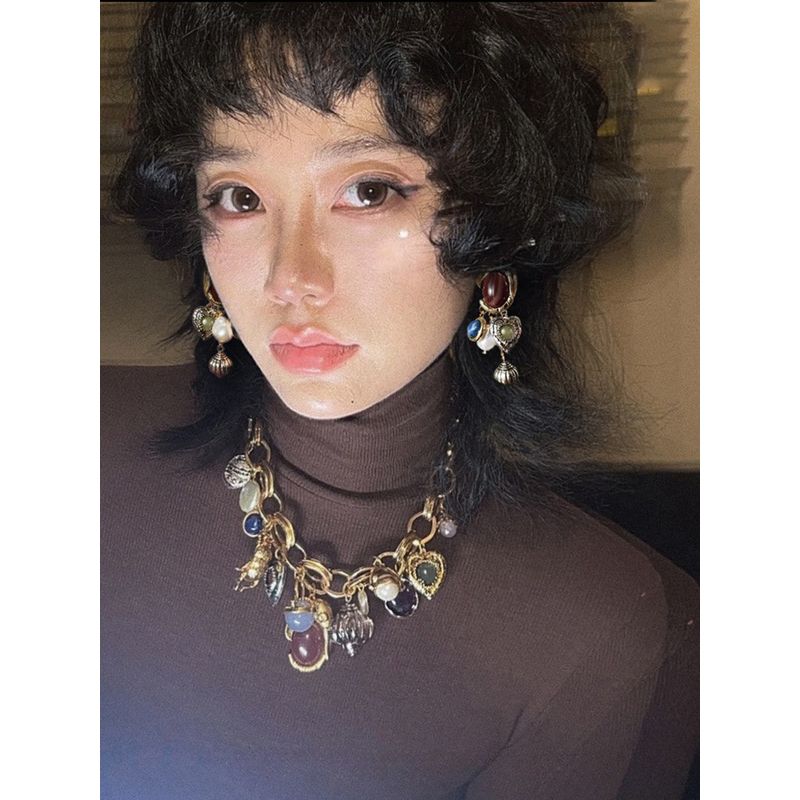 Fashion Palace Style Exaggerated Ankela Hongbao Necklace Ear Stud Female Insect Short Pearl Necklace Vacation Style Earrings