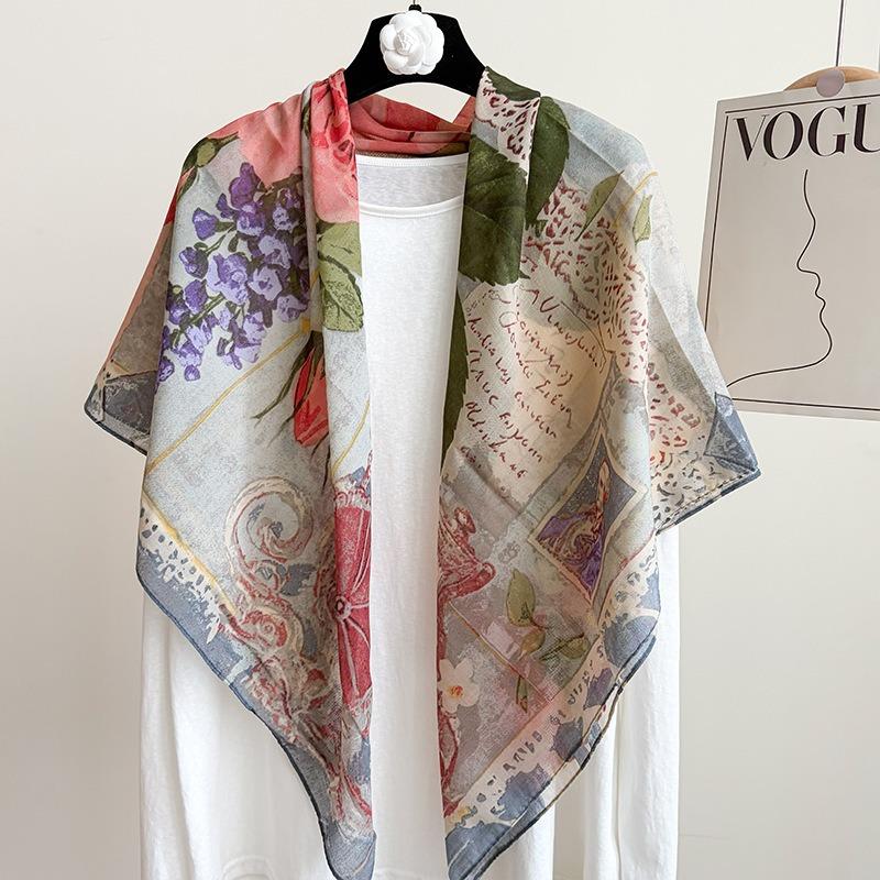 [Variety sunscreen shawl retro printed square scarf women's summer silk cotton silk scarf