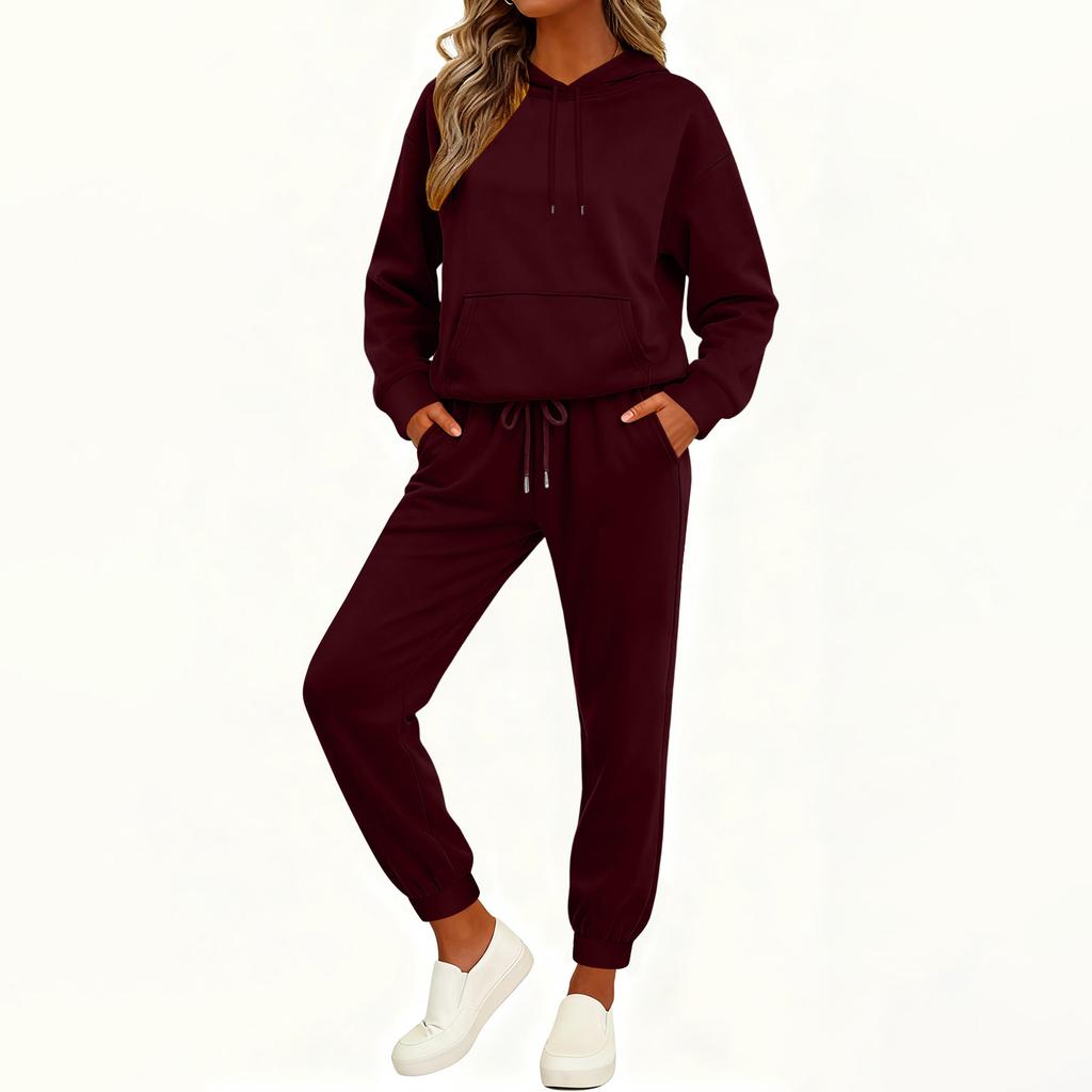 Women's Fashion Casual Solid Color Loose Hooded Sweatshirt Suit