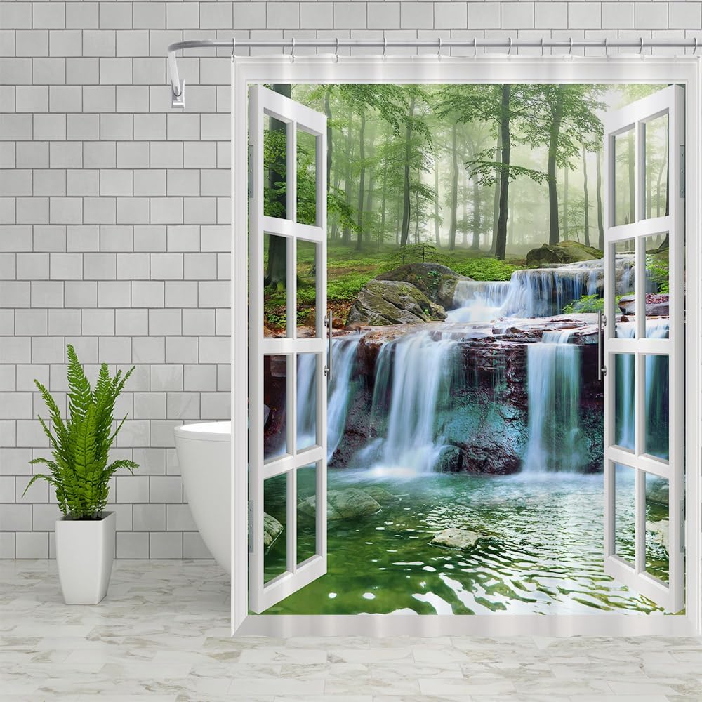 Waterfall Scenery Shower Curtains Spring Outdoor Natural Landscape Green Plants Forest View Pattern Polyester Fabric Bathroom