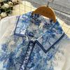 Retro Court Style Blue and White Porcelain Printed Dress for Women's Spring Long Sleeves, Waist and Thin A-shaped Long Dress, Elegant Temperament