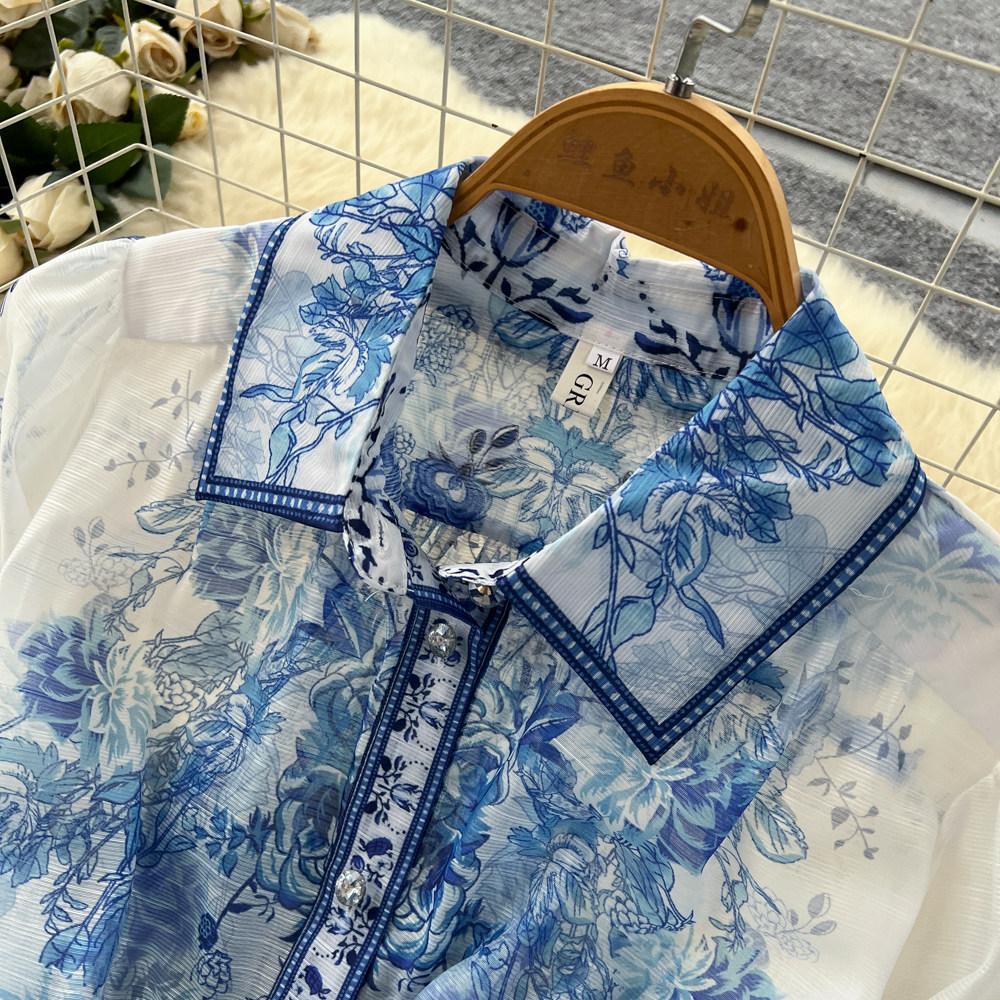Retro Court Style Blue and White Porcelain Printed Dress for Women's Spring Long Sleeves, Waist and Thin A-shaped Long Dress, Elegant Temperament