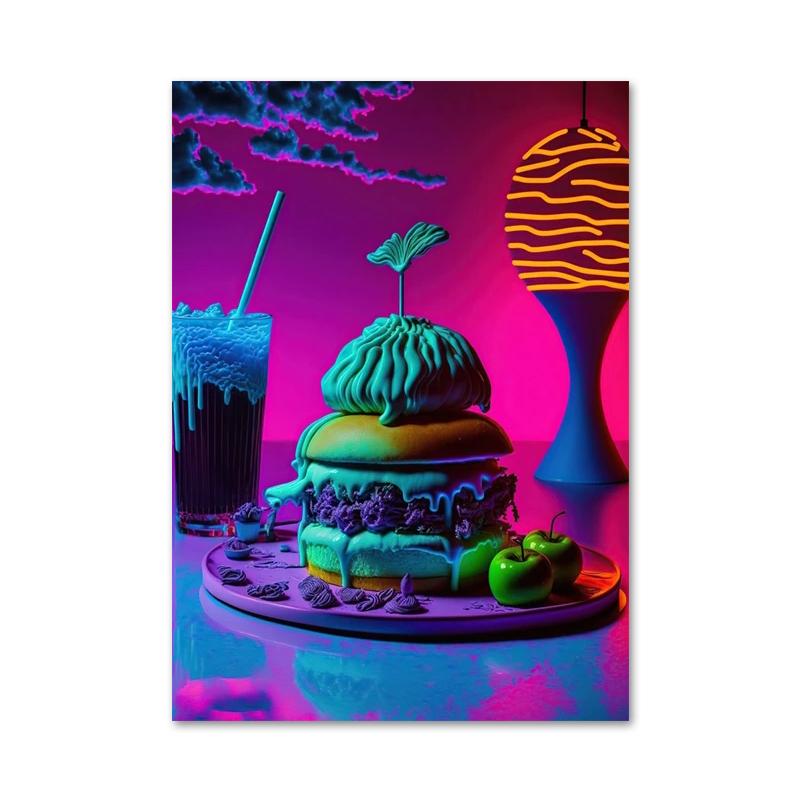 Colored Neon Lights Food and Beverage Posters Prints Hamburger Pizza Fruit Canvas Paintings Wall Art for Kitchen Home Decor