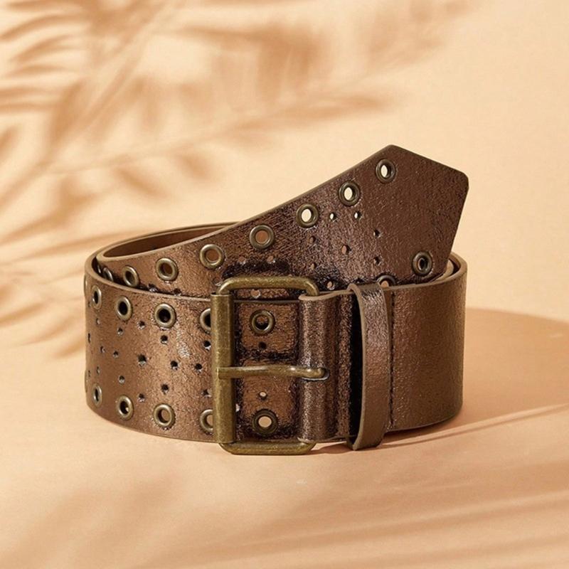Double Hole Studded Leather Belt Jeans Waistband Hiphop Styles Waist Belt for Men and Women