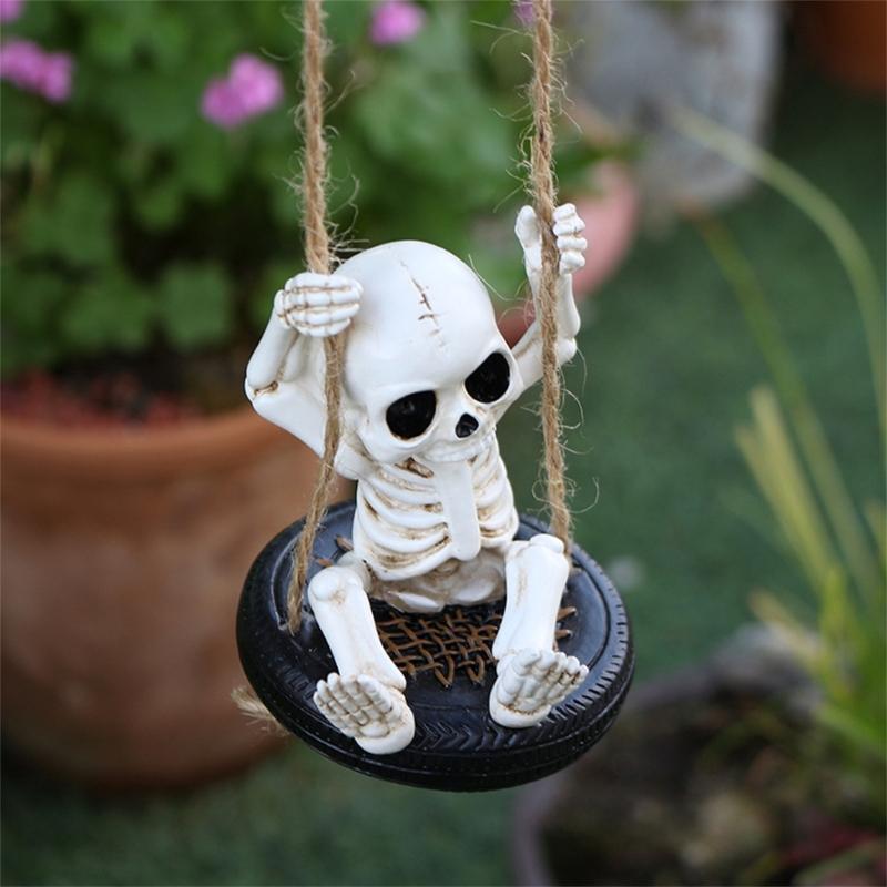 Scary Skeleton a Swing Hanging Statue Garden Decors Tire Swing Skull Sculptures Hanging Ornament for Patios Lawn Yard