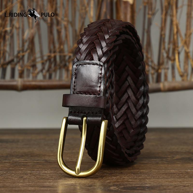 Men's Genuine Leather Braided Belt Cowhide Handmade Woven Pin Buckle Couple's Casual All-match Belt
