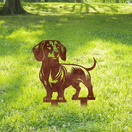 Süße Hund Blumenbeet Dekoration Metall Dackel Gartenstecker, Rostige Tier Silhouette Dekorativer Hof Wetterfester Pfahl Kunst für Draußen Rasen, Weg,