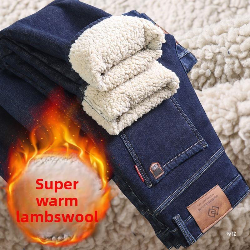 Winter Lamm Fluff Denim Gerade Hosen Männer Verdicken Große Größe 40 Jeans Hohe Taille Stretch Jeansy Fleece Gefüttert Warm