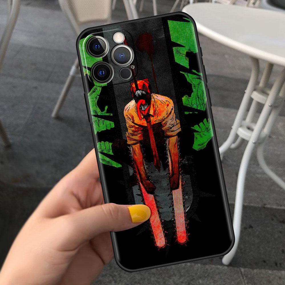 Etui na Apple iPhone 14 11 13 7 12 Pro 7 XR XS Max 8 Plus 6 14Pro Czarne Miękkie Etui na Telefon Coque Funda Śliczny Kreskówkowy Chainsaw Man