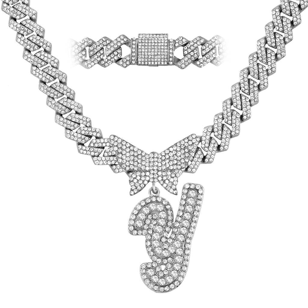 Men Women 14MM Cuban Chain Crystal Butterfly Initials Name Pendant Necklace Iced Out Cursive Letters Rapper Necklace Jewelry New